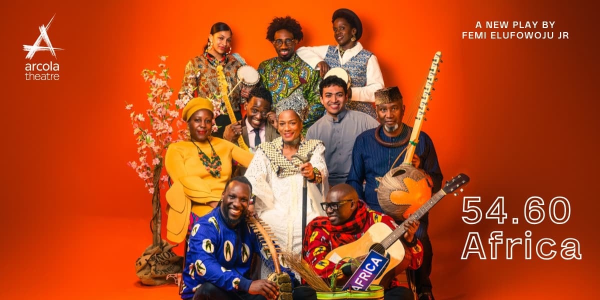 54.60 Africa London tickets. A group of friends sit and smile in front of a bright orange background
