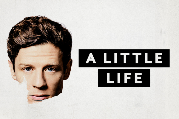 Text: A Little Life in bold white writing in a black rectangle. Image: James Norton staring into the camera, his chin and a portion of the left half of his face cut out. 