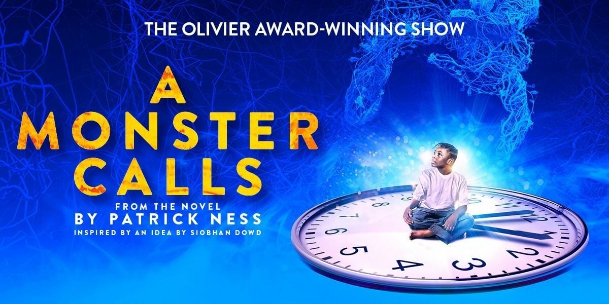 A Monster Calls at Rose Theatre. A child sits on a clock.