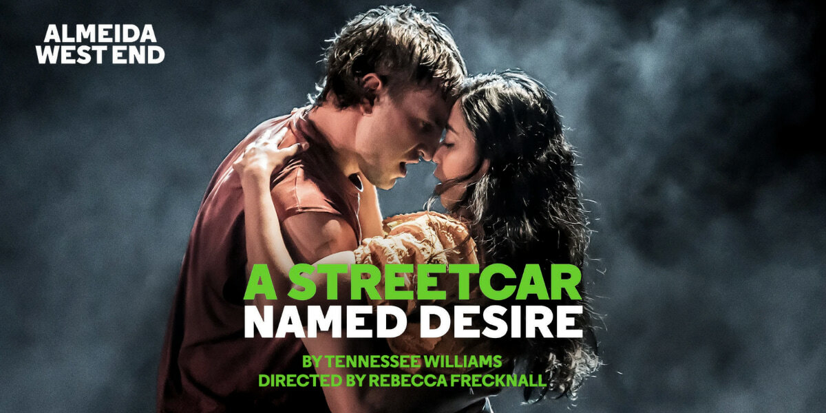 Almeida West End, A Streetcar Named Desire. By Tennessee Williams Directed By Rebecca Frecknall Image: Paul Mescal and Anjana Vasan embrace, foreheads and noses pressed together, lips parted. 