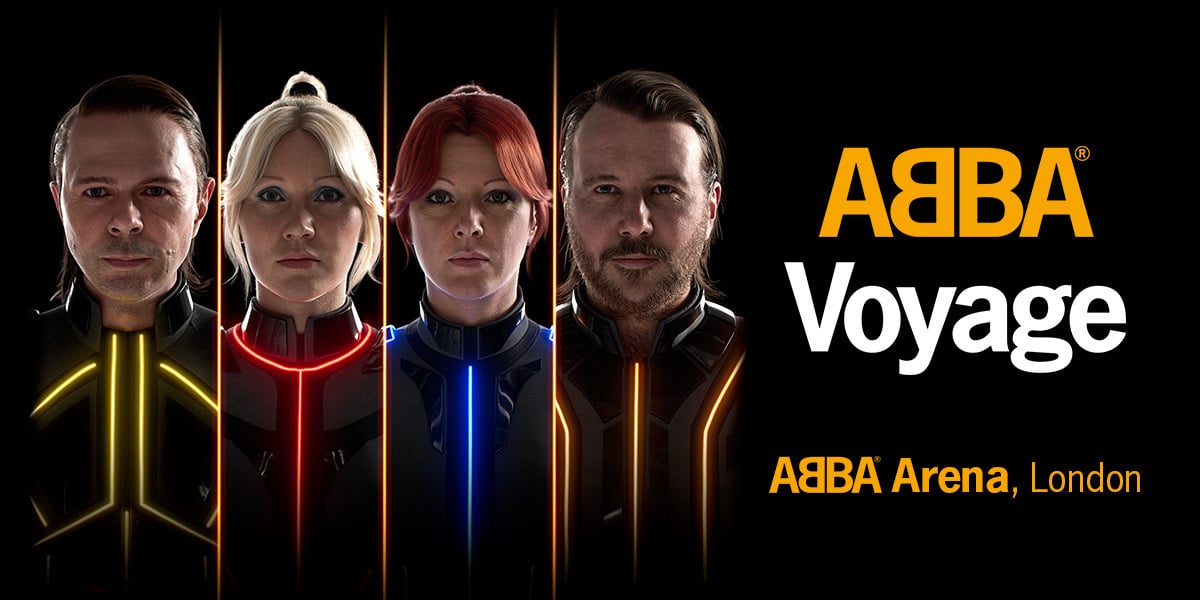 Text: ABBA Voyage, ABBA Arena London. Image: ABBA against a black background in different colour futuristic suits.
