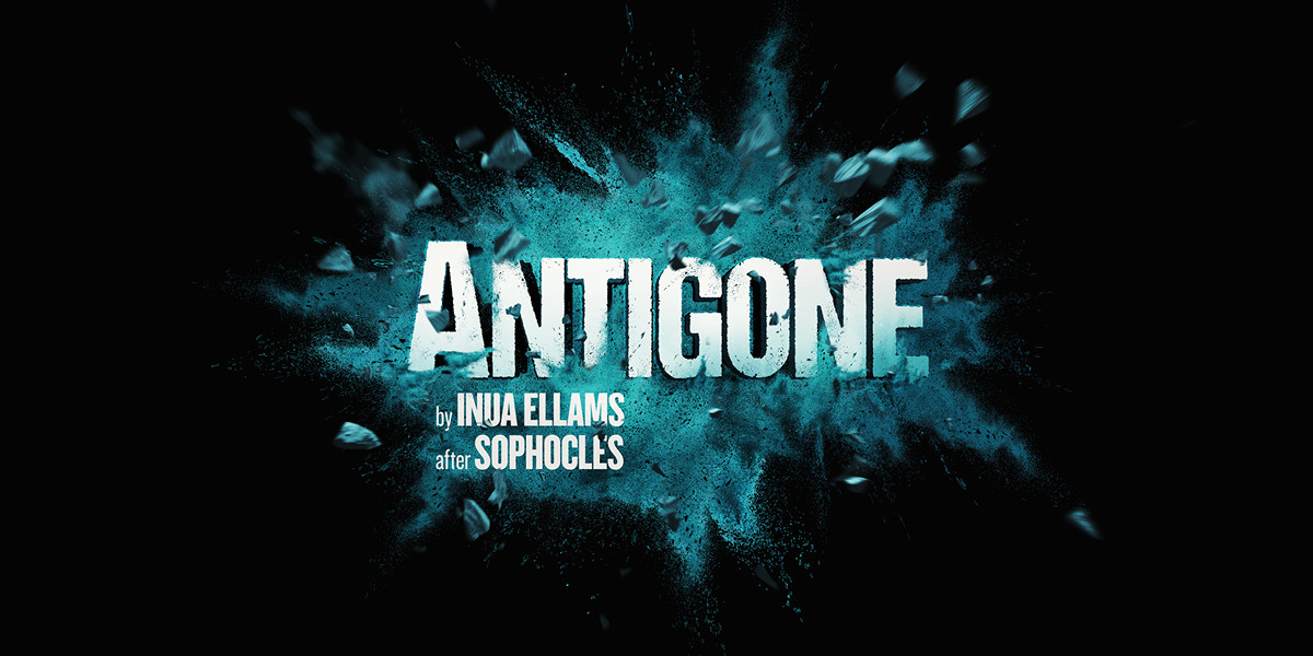 Black background with a burst of blue in the middle. Text in white bold font: Antigone. by Inua Ellams after Sophocles.