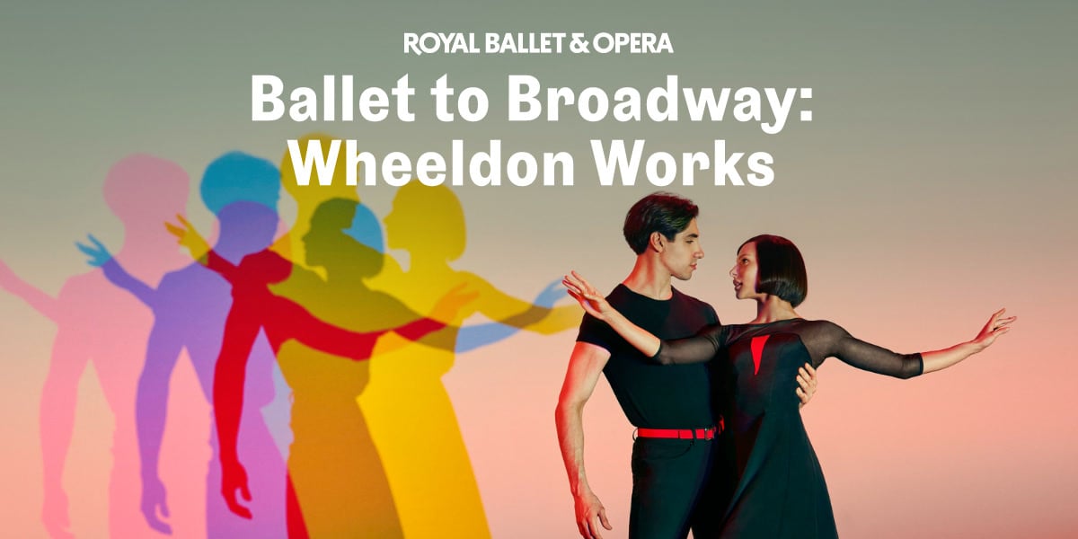 Ballet to Broadway: Wheeldon Works. A couple dressed in black dance, their shadows are in multi-colour
