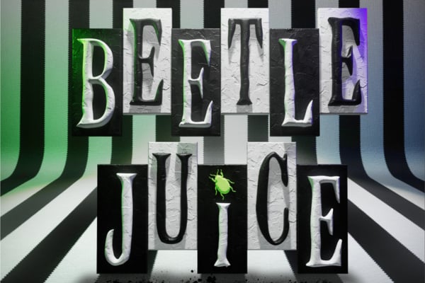 Stripy black and white show artwork overlayed with the words Beetlejuice.