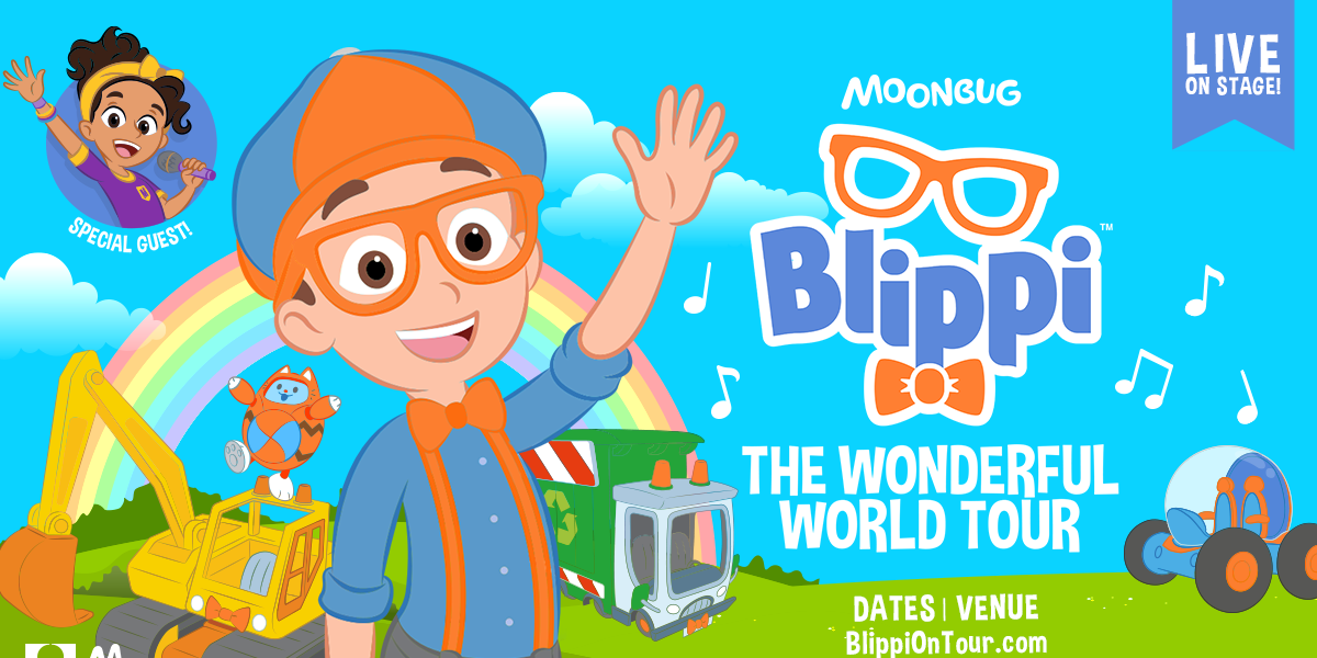 Text: Blippi The Wonderful World Tour Image: Blippi in the front with a tractor and rainbow on a field in the background