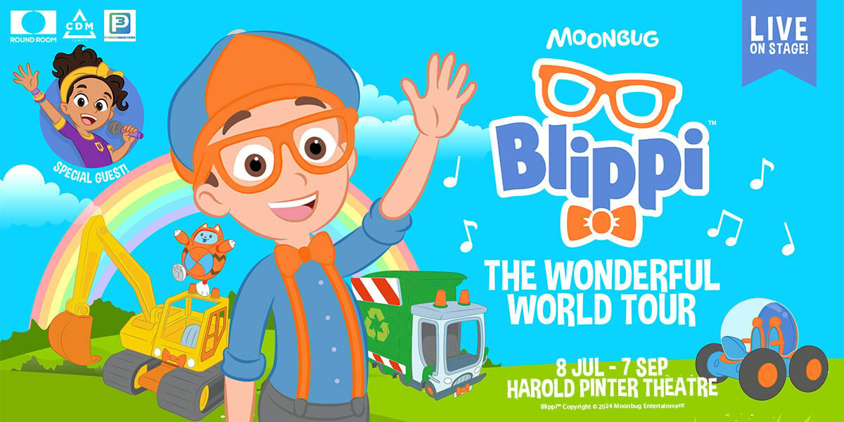 Text: Blippi The Wonderful World Tour Image: Blippi is waving in the foreground with a tractor and rainbow on a field in the background