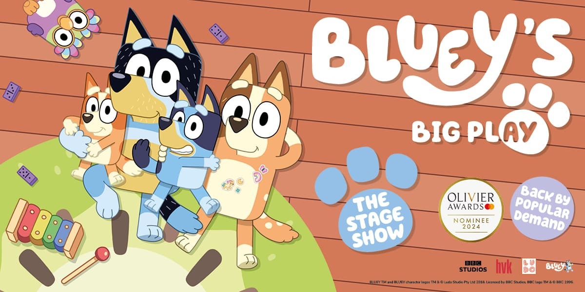 Bluey and the gang lie on the floor surrounded by musical instruments for Bluey's Big Play