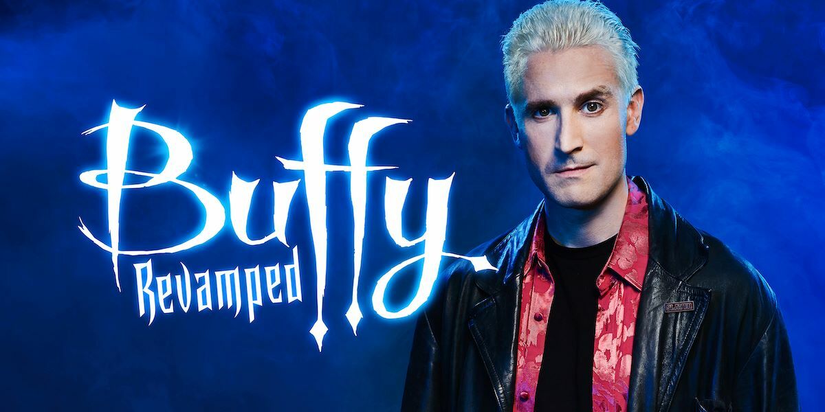 Text: Buffy Revamped. Image: A cast member of Buffy Revamped against a cloudy blue background.