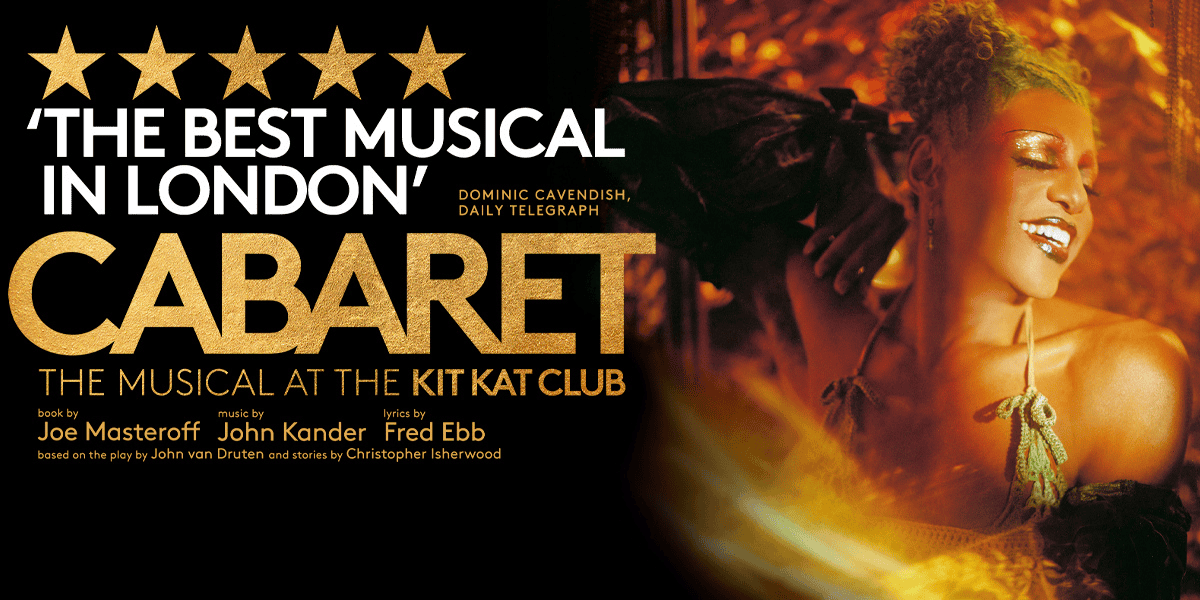 Show artwork for Cabaret Musical London featuring gold writing on a black background