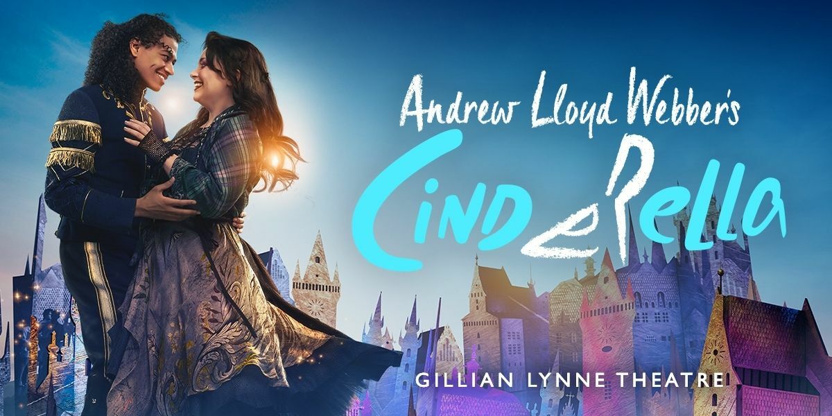 ALW's Cinderella at Gillian Lynne Theatre in London. Carrie Hope Fletcher as Cinderella and Ivano Turco as Prince Sebastian face each other. Colourful houses and sun shines behind them.