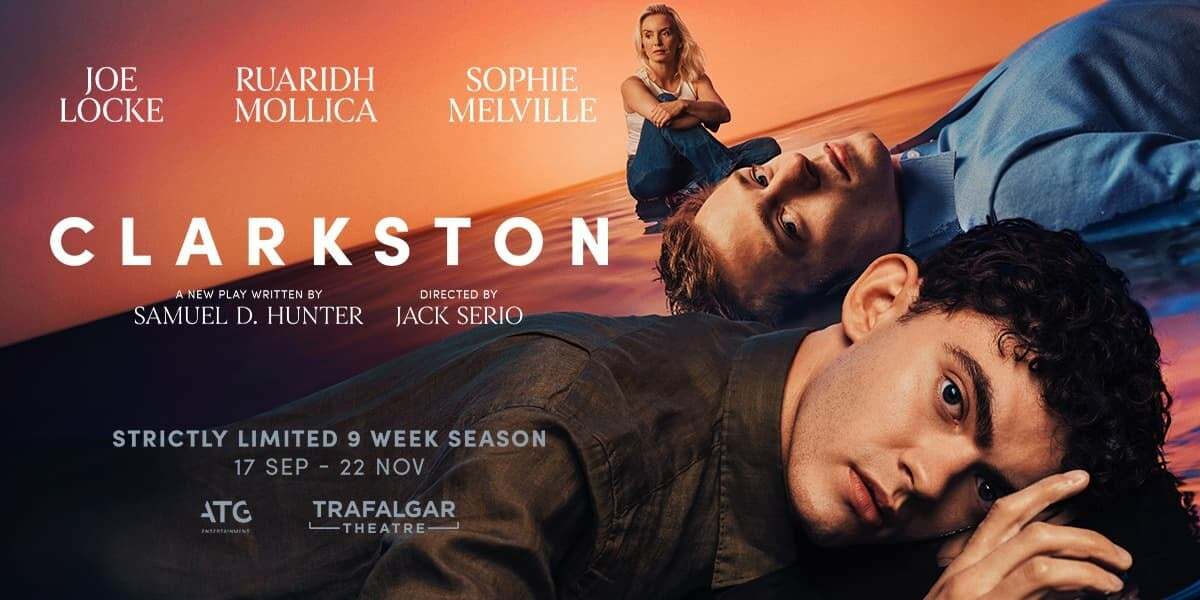 Clarkston starring Joe Locke. Three people lying on the water look into the camera. A sunset is behind them.