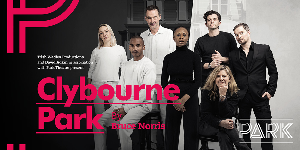 Background is half black and half white split down the middle with pink text reading: Clybourne Park by Bruce Norris. Image: The cast are stood in a group with three of them dressed in all white and four of them dressed in all black. 