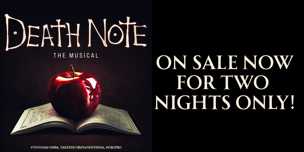 Text: On sale now. Death Note - The Musical> IMage: A red apple sitting on top of an open book.