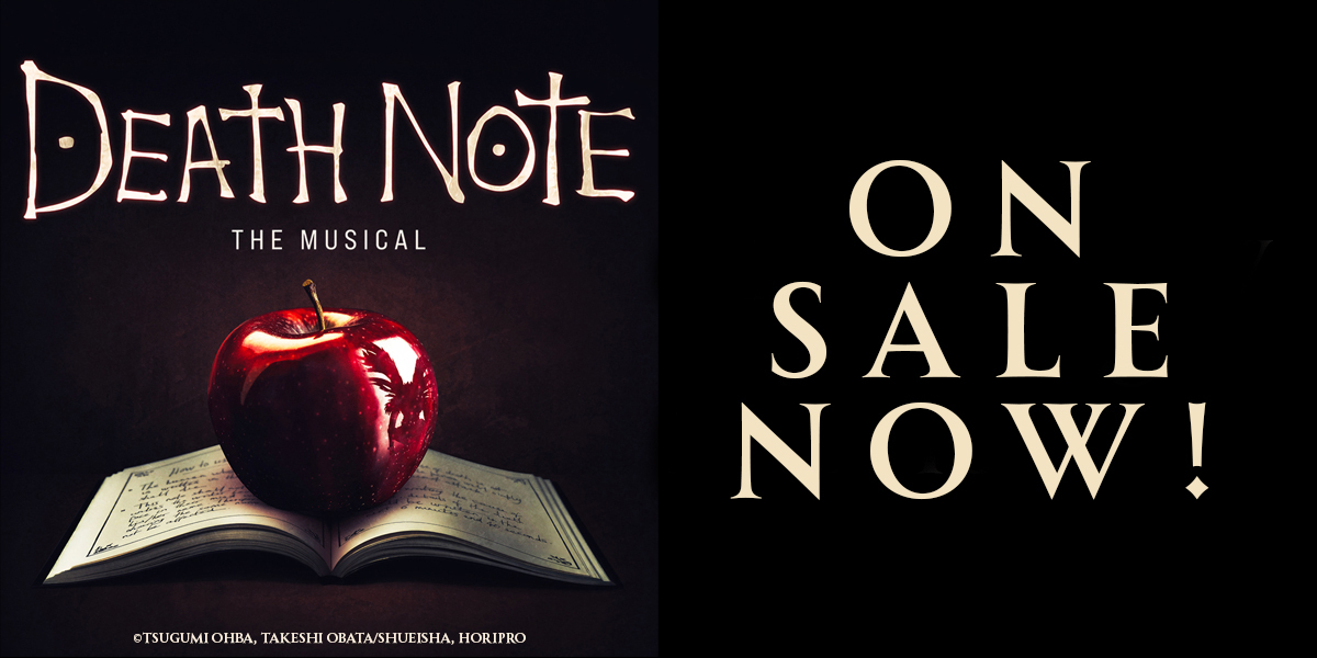 Text: On sale now! Death Note The Musical. Image: An apple on a book with blood on it.