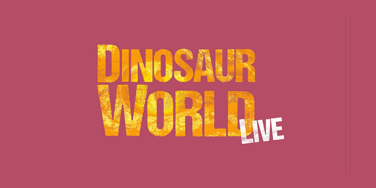 Text: Dinosaur World Live. Open Air Theatre. Image: Orange text against a reddish, pink background.