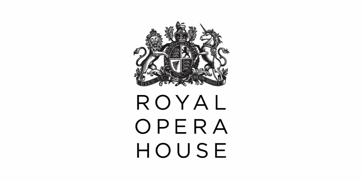 White background, black Crest of the Royal Opera House flanked on one side by a Lion standing on its hind legs and on the other by a Unicorn also standing on its hind legs.TEXT beneath [Royal Opera House]