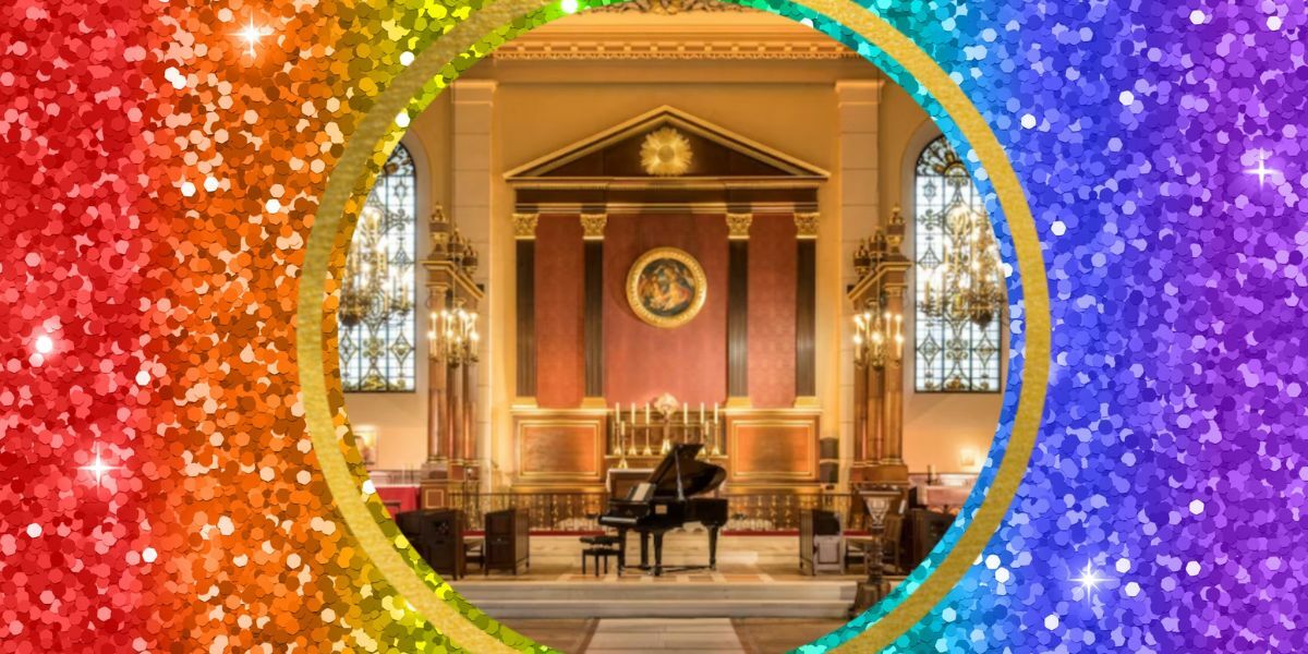 Image: A rainbow sequin background with an image of St Pauls Church in the middle, with a gold trim circle.