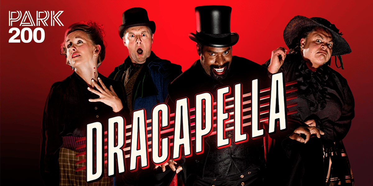 Image: Four characters dressed in black with shocked and and angry faces. 