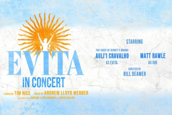 Title: Evita In Concert. Against a light blue and white background.
