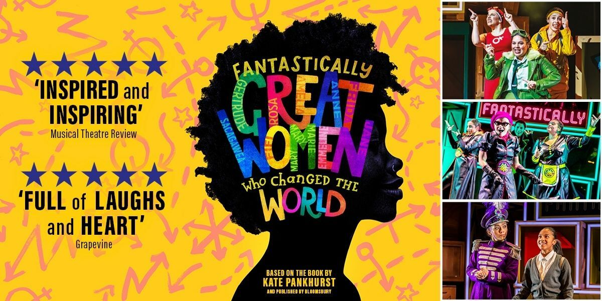 Yellow background with black silhouette of a head from the side profile with colourful text reading: Fantastically Great Women Who Changed History.