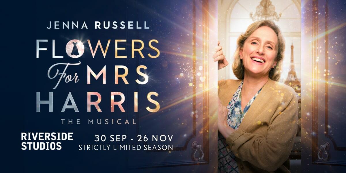 Test: Jenna Russell - Flowers for Mrs Harris The Musical. Riverside Studios. 30 Sep - 26 Nov. Image: Mrs Harris opening a door bursting with sparkly lights.