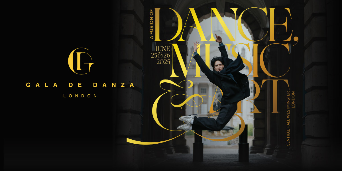 Promotional poster for Gala de Danza 2025 in London, featuring a dancer mid-air in black.