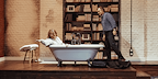 Show: Interview at Riverside Studios Image: Two people in the bathroom, one sat in the bath whilst one stands over the bath in conversation