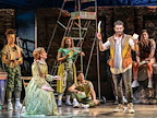 Production image of Oliver Tompsett as Shakespeare and Cassidy Janson as Anne with & Juliet ensemble in & Juliet in London. | Photography credit: Johan Persson