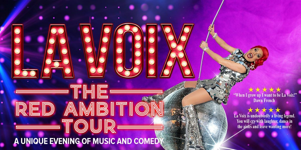 Text: La Voix The Red Ambition Tour. Image: La Voix on a giant disco ball.