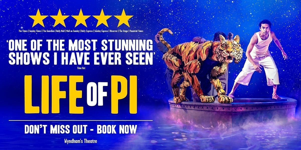 words life of pi at wyndham's theatre, don't miss out. a boy and a tiger stand on a rowboat against a backdrop of stars.