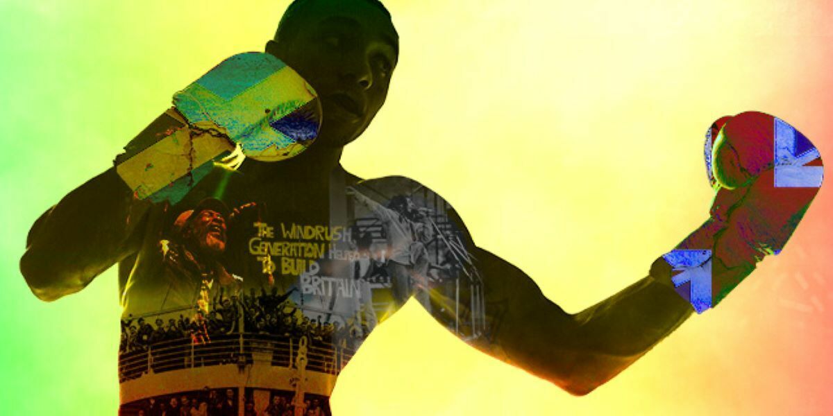 Text: The Windrush Generation Helped To Build Britain. Their History Is Our History. Image: A Silhoutte that is depicted to be Vernon Vanriel, with images of Vernon Vanriel in the silhoutte. The background is Jamaican colours. There is a Jamaican flag on one glove and a British flag on the other.