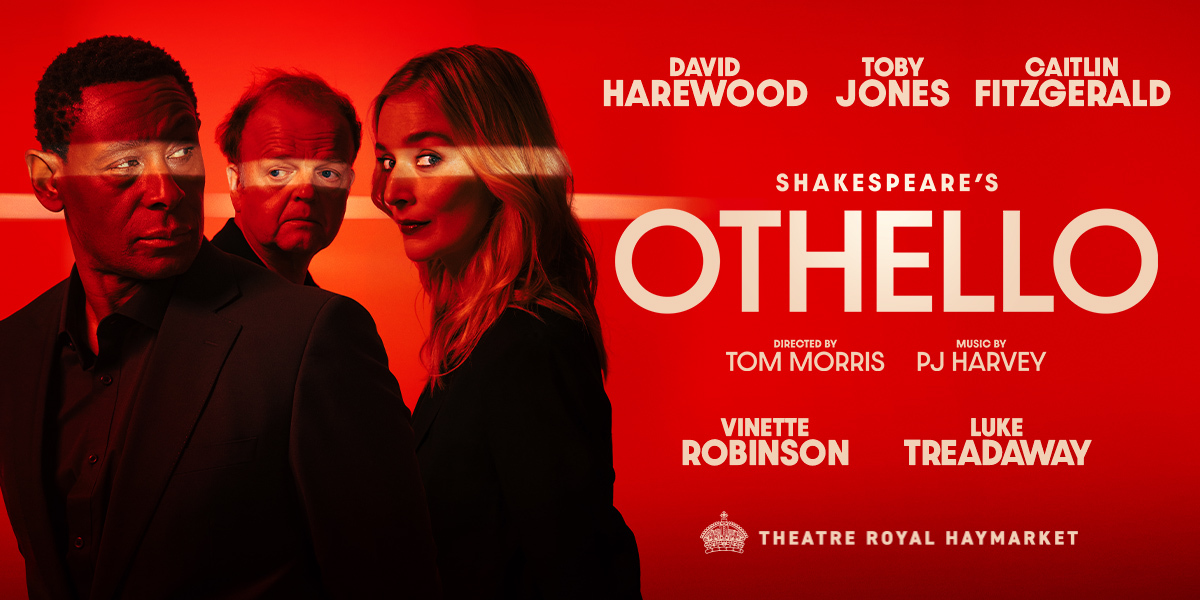 Othello. David Harewood, Toby Jones and Caitlin Fitzgerald are dressed in black against a blood-red background
