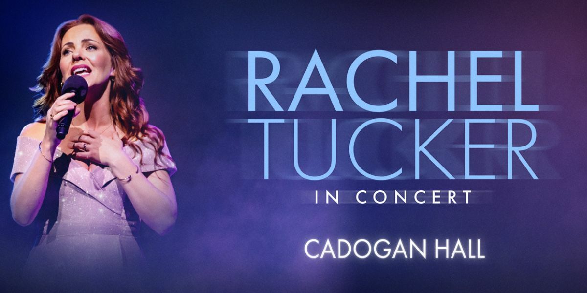 Text: Rachel Tucker in Concert. Image: Rachel Tucker singing into a microphone with stage lights behind her.
