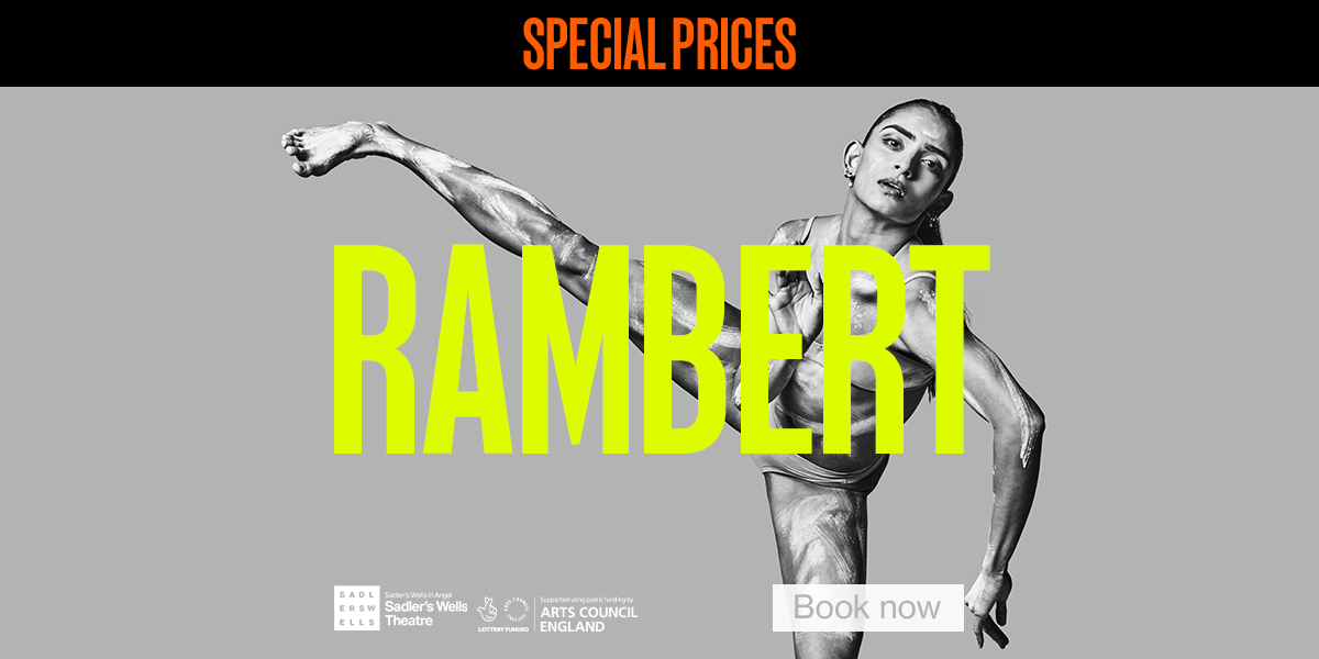 Special Prices Rambert. A dancer stares ahead, her left leg raised and right arm down.