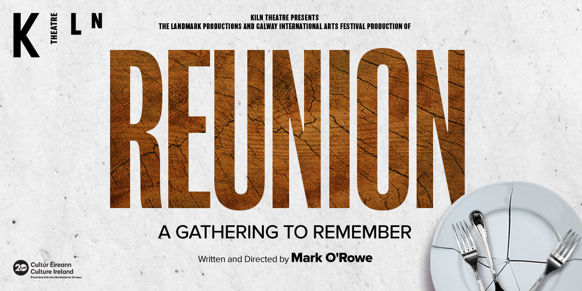 'Reunion' is written in large letters that show a cracked foundation. Next to the title is a broken plate and cutlery