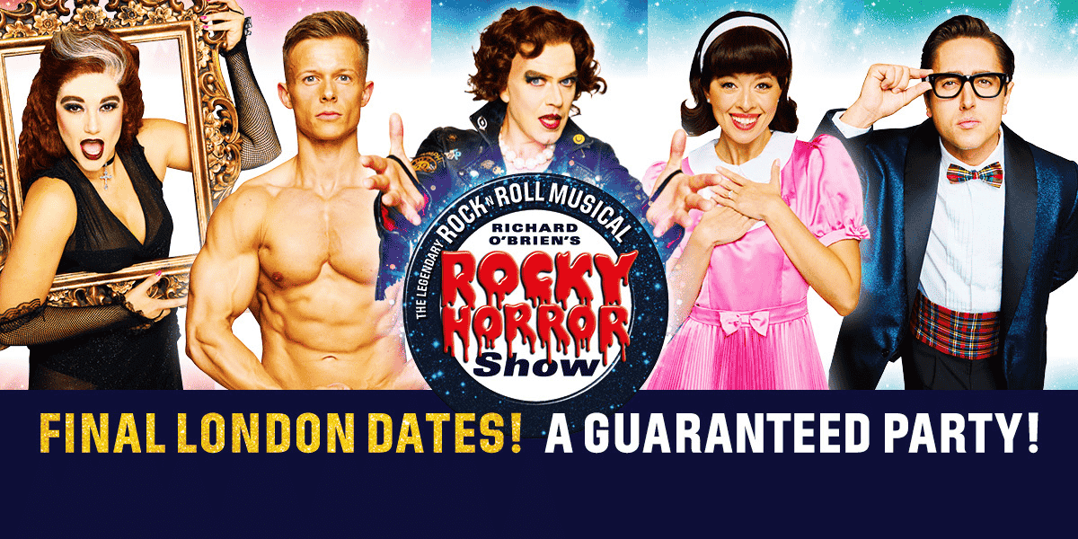 Rocky Horror Show Logo with blue sparkly background and four of the main characters. 
