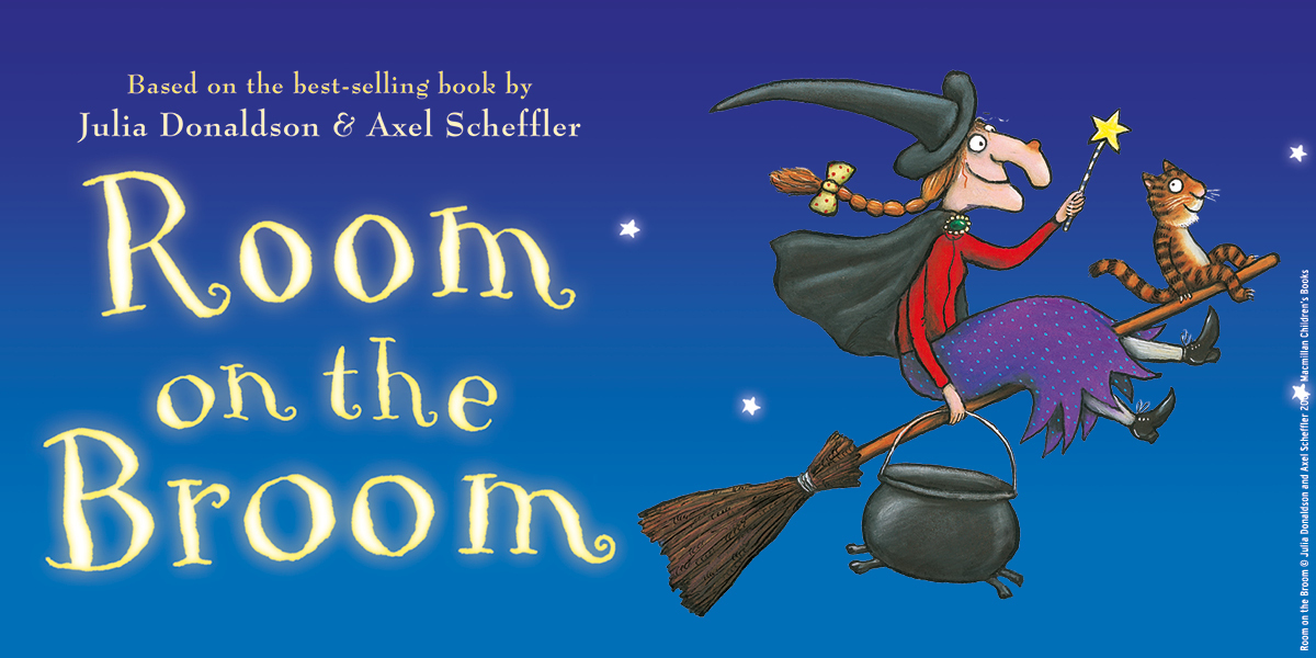Text: Room on the Broom. Image: Cartoon witch on a broom