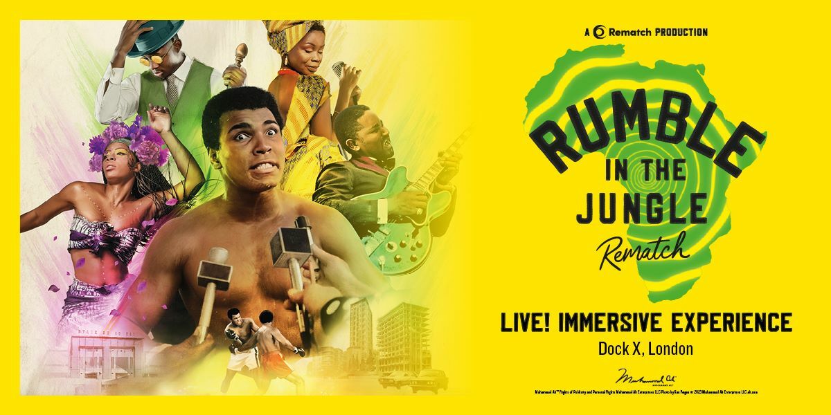 Text: Rematch production, Rumble in the Jungle Rematch, Live! Immersive experience, Dock X London. Image Muhammad Ali a group of people in a festival vibe, the picture appears to be a drawing or a painting and is against a yellow background. There are flowers, a guitar and microphones and Ali appears to be being interviewed.