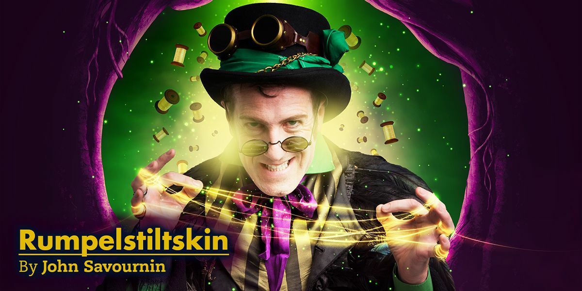 Rumpelstiltskin by John Savournin. Image: a pale man with an evil look on his face dressed in a green and black cape and a green and black hat hunched over, a purple curtain in the background with a green background, there is a light that is shaped like string and he is holding it through his fingers. He also has sunglasses on his face.