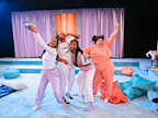 l-r  Amber Grappy (Rey), Aliyah Odoffin (Shan), Bukky Bukray (Funmi) and Shayde Sinclair (Elle) in SLEEPOVA by at Bush Theatre.  Photo credit Helen Murra.