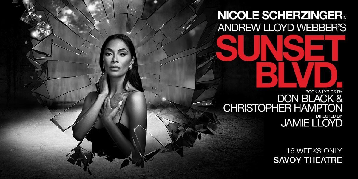 Nicole Scherzinger, Andrew Lloyd Webber's Sunset Blvd. Book & Lyics by Don Black and Christopher Hampton, Directed by Jamie Lloyd. 16 weeks only, Savoy Theatre. Image: Nicole Scherzinger infront of cracked glass, the image is black and white and she is looking into the camera.