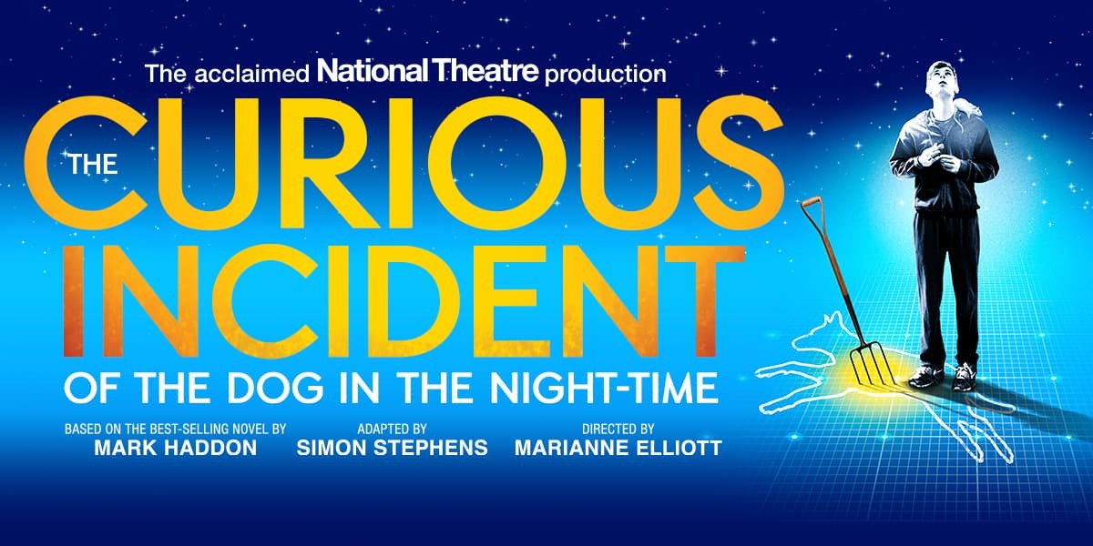 Yellow Text: The Curious Incident of the Dog in the Night-Time a male silhouette stands next to pitch fork stuck into the centre of the outline of a dog's body
