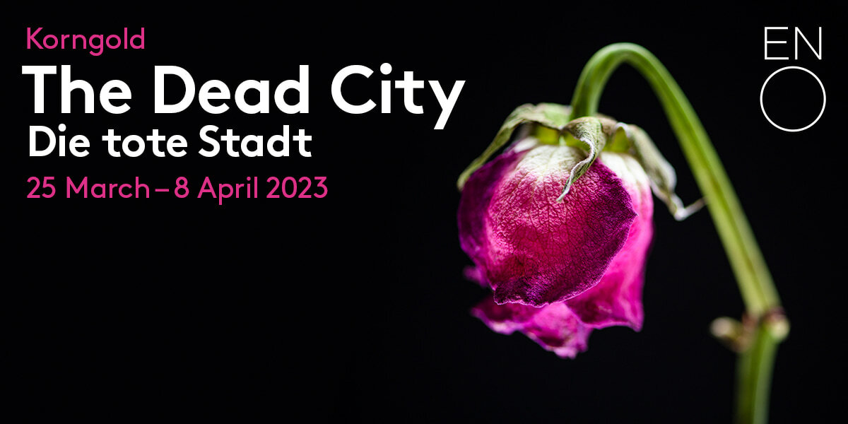 Korngold The Dead City Die tote Stadt 25 March - 8 April 2023 ENO. A dying purple rose on a black background. The stem of the rose is bent down and the bloom is facing down.