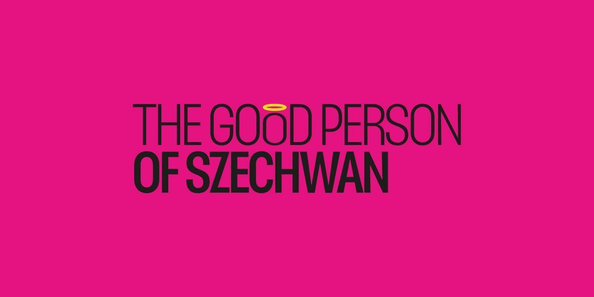 Text: The Good Person of Szechwan, Image: The text is in black on a pink background.