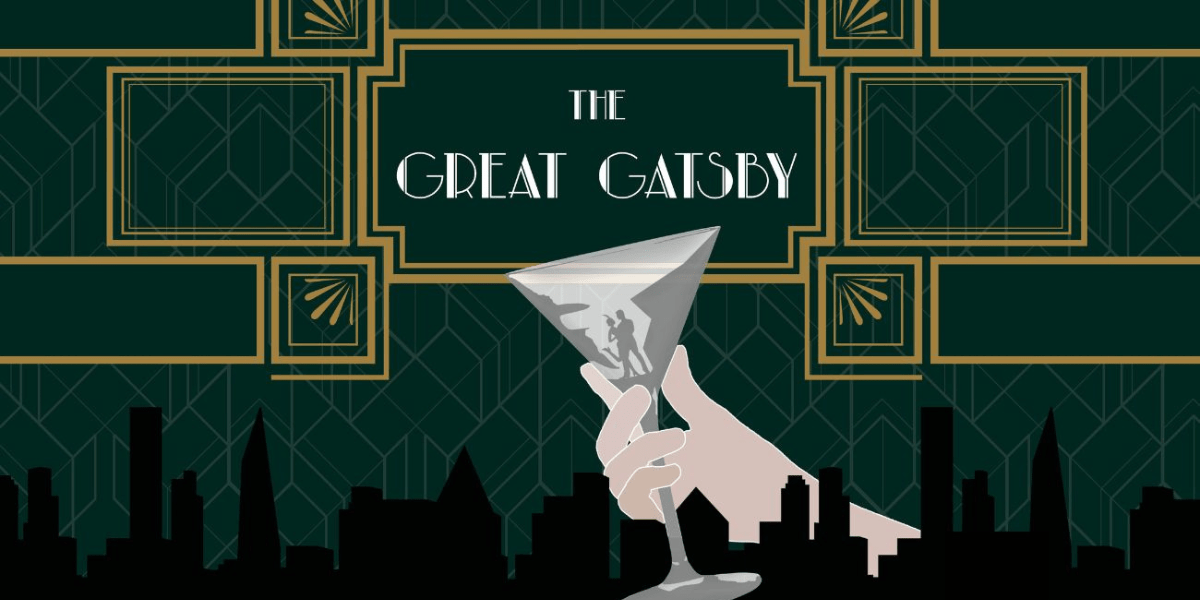 Text: The Great Gatsby. Image: Martini glass with the image of a couple dancing inside it.