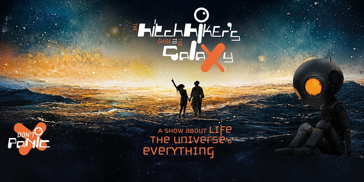 text reads: The Hitchhiker's Guide to the Galaxy Live. Two people point towards space
