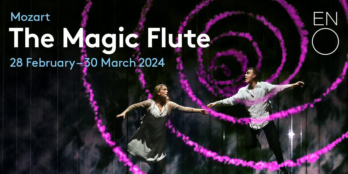 Text: Mozart The Magic Flute 28 February - 30 March 2024. Image: A man and woman flying through a purple decreasing circle.
