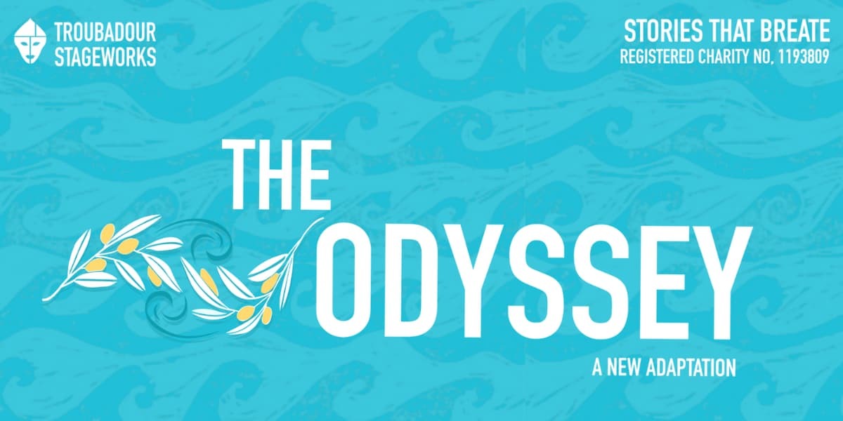 The Odyssey is written in white text over a background of light blue sea. An image of white leaves and yellow flowers can be seen to the side of the title.