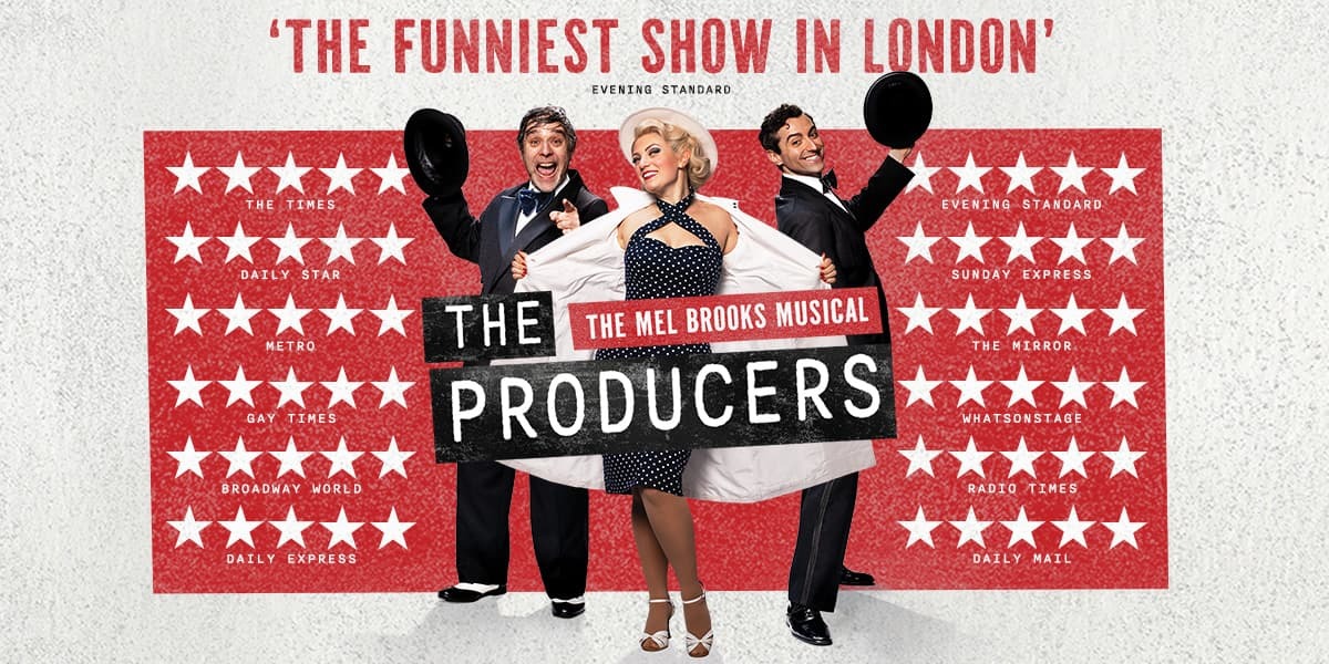 The Producers - The Mel Brooks Musical. Three cast members pose behind the show title, two suited men holding out their bowler hats on either side of a blonde woman in a polka dot dress holding open her coat.