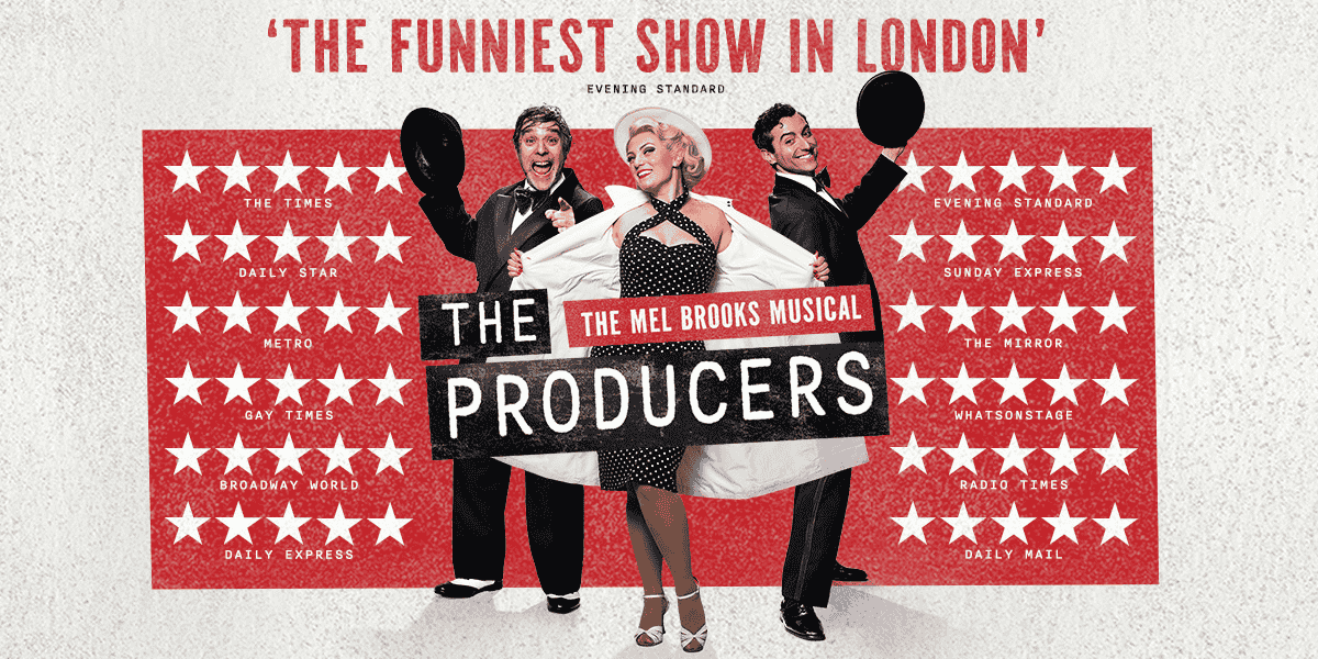 The Producers - The Mel Brooks Musical. Three cast members pose behind the show title, two suited men holding out their bowler hats on either side of a blonde woman in a polka dot dress holding open her coat.